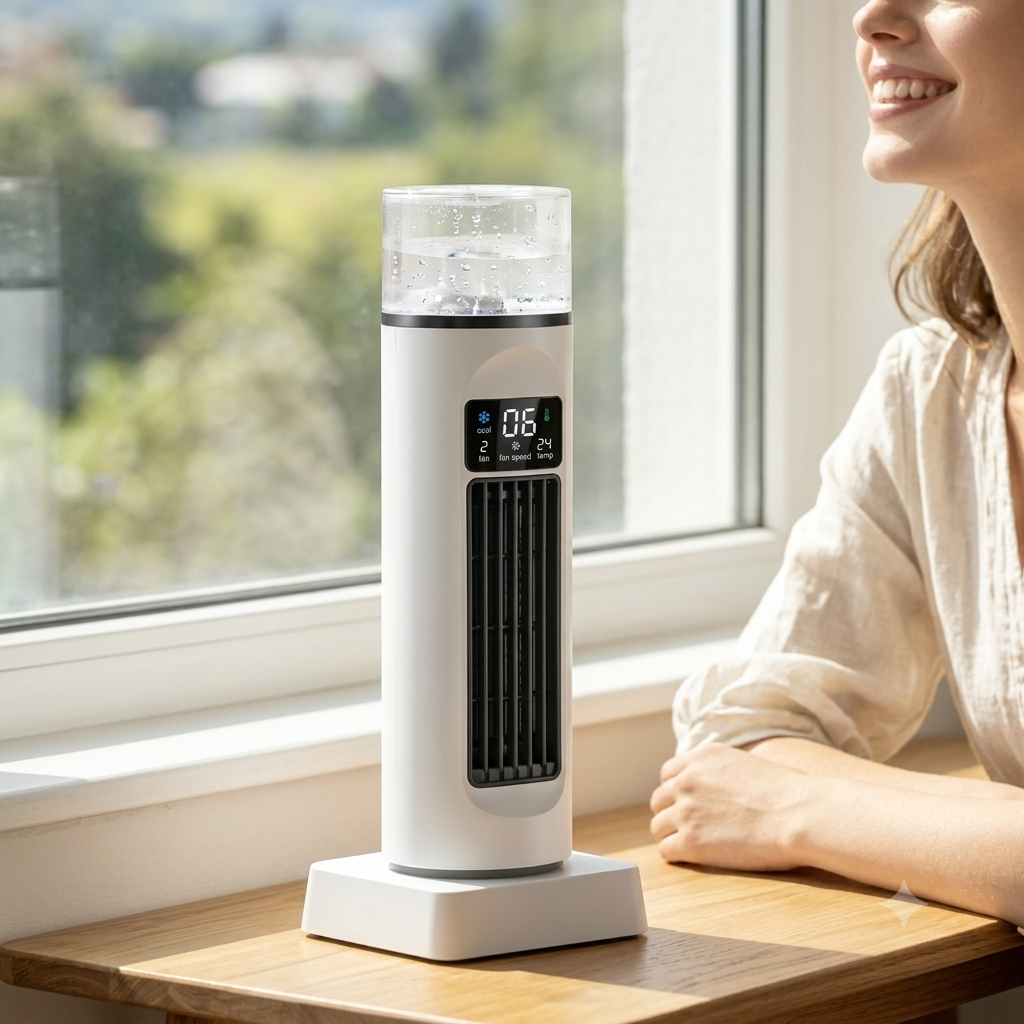 Tower air cooler with water tank